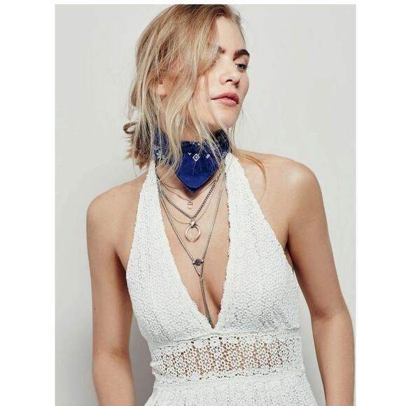 Free People So Sweetly White Crochet Halter Mini Dress Cotton Lace 10 Romantic - Picture 2 of 7